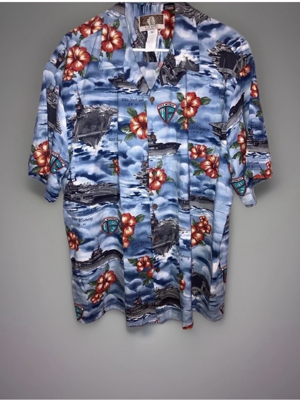 Vintage KALAHEO Hawaiian Shirt WWII Military Aircraft Carriers Hibiscus Sz XL